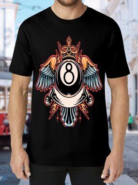 Men's Black Short Sleeve Graphic T-Shirt with 8-Ball Crest